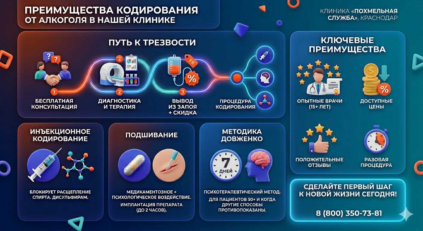 Инфографика о методах кодирования от алкоголя в Мильково: инъекции, подшивание, метод Довженко. Преимущества клиники и этапы лечения.